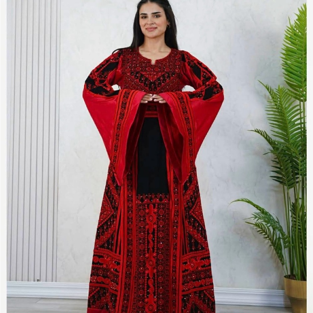 Embroidered Long Sleeve Red Maxi Dress